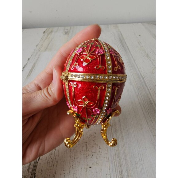 Jeweled egg rhinestone trinket box jewelry red gold flowers daisies - Picture 5 of 8
